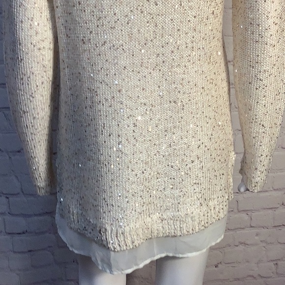 Marled Reunited Cream Sequin Embellished Chiffon Hem Long Sleeve Sweater Sz M - Picture 10 of 12
